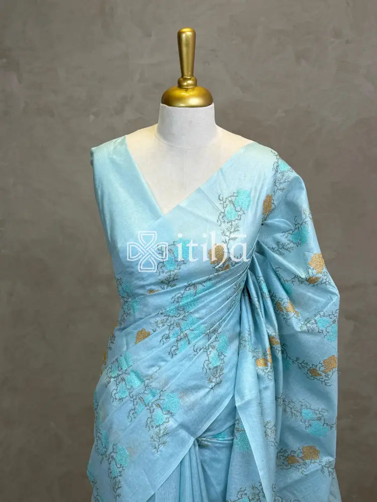 LINEN TUSSAR SILK EMBROIDERY SAREE - PASTEL AQUA GREEN