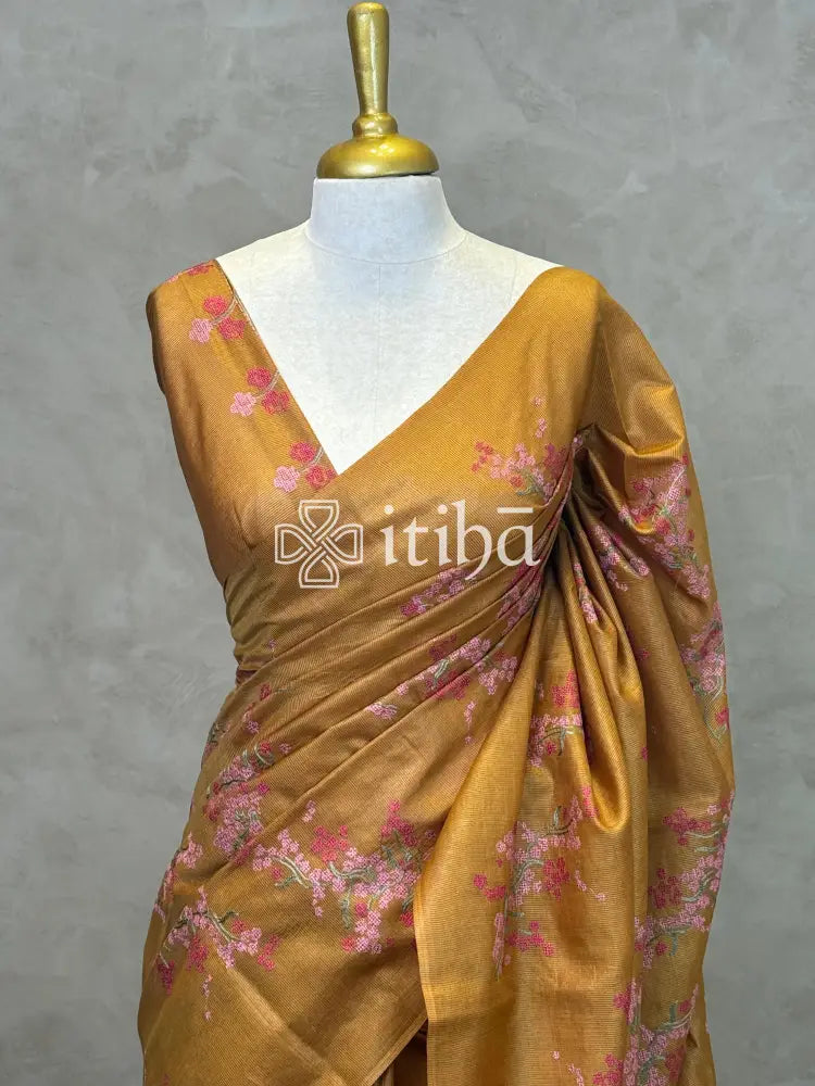 LINEN TUSSAR SILK EMBROIDERY SAREE