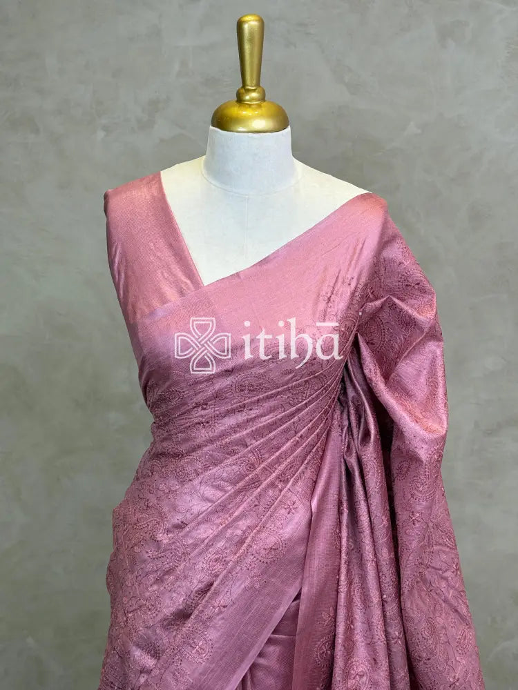 LINEN TUSSAR SILK EMBROIDERY SAREE