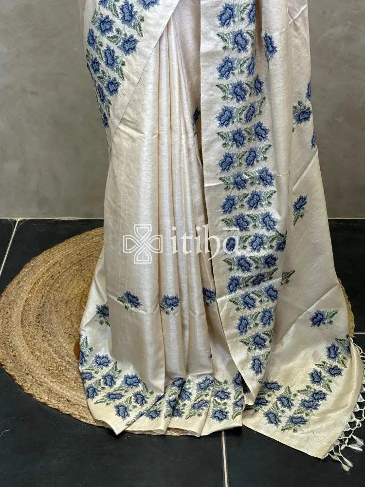 LINEN TUSSAR SILK EMBROIDERY SAREE - DEEP BLUE