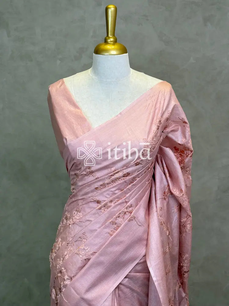 LINEN TUSSAR SILK EMBROIDERY SAREE - PASTEL PEACH
