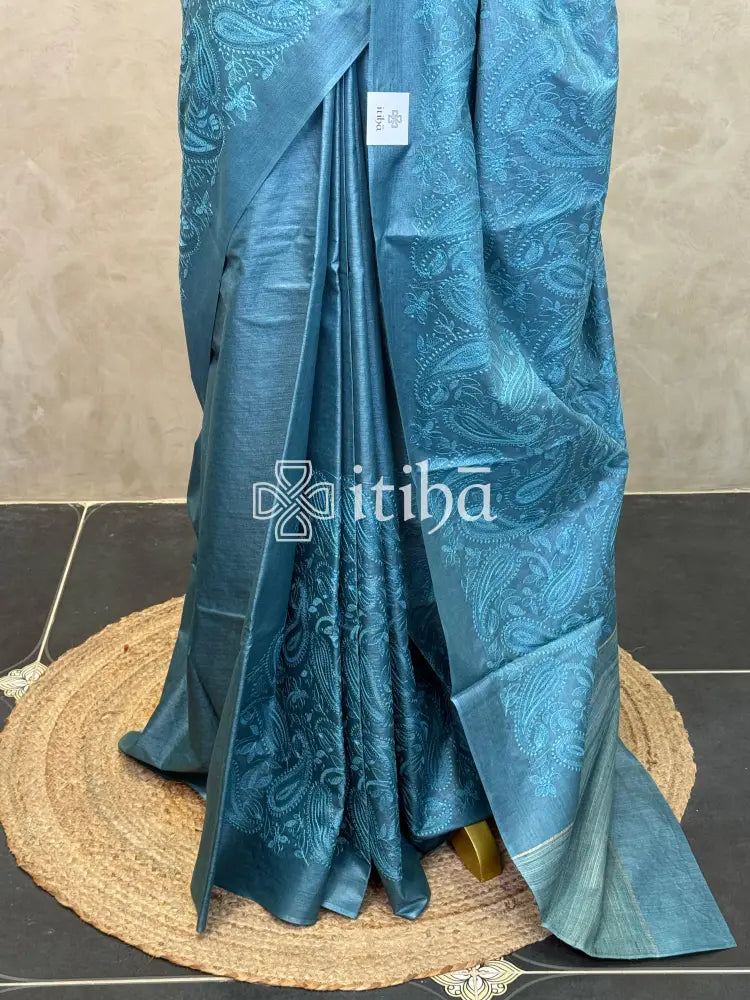 LINEN TUSSAR SILK EMBROIDERY SAREE