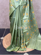 LINEN TUSSAR SILK EMBROIDERY SAREE - PASTEL GREEN