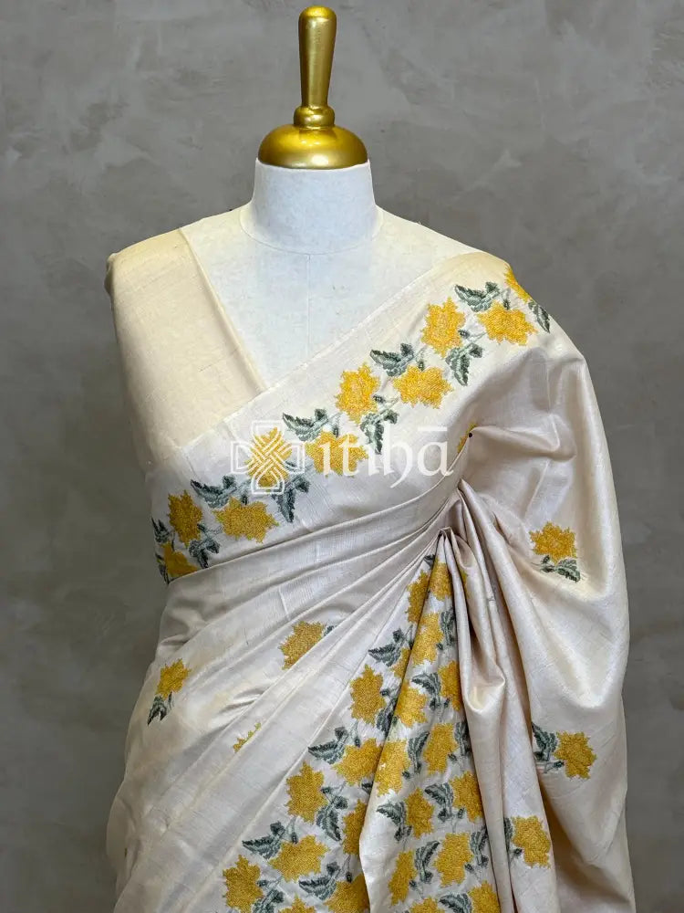 LINEN TUSSAR SILK EMBROIDERY SAREE