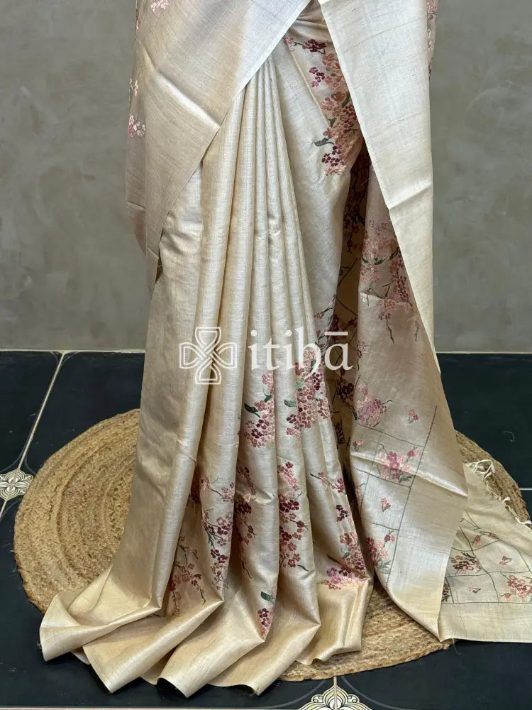 LINEN TUSSAR SILK EMBROIDERY SAREE
