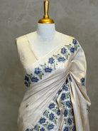 LINEN TUSSAR SILK EMBROIDERY SAREE - DEEP BLUE