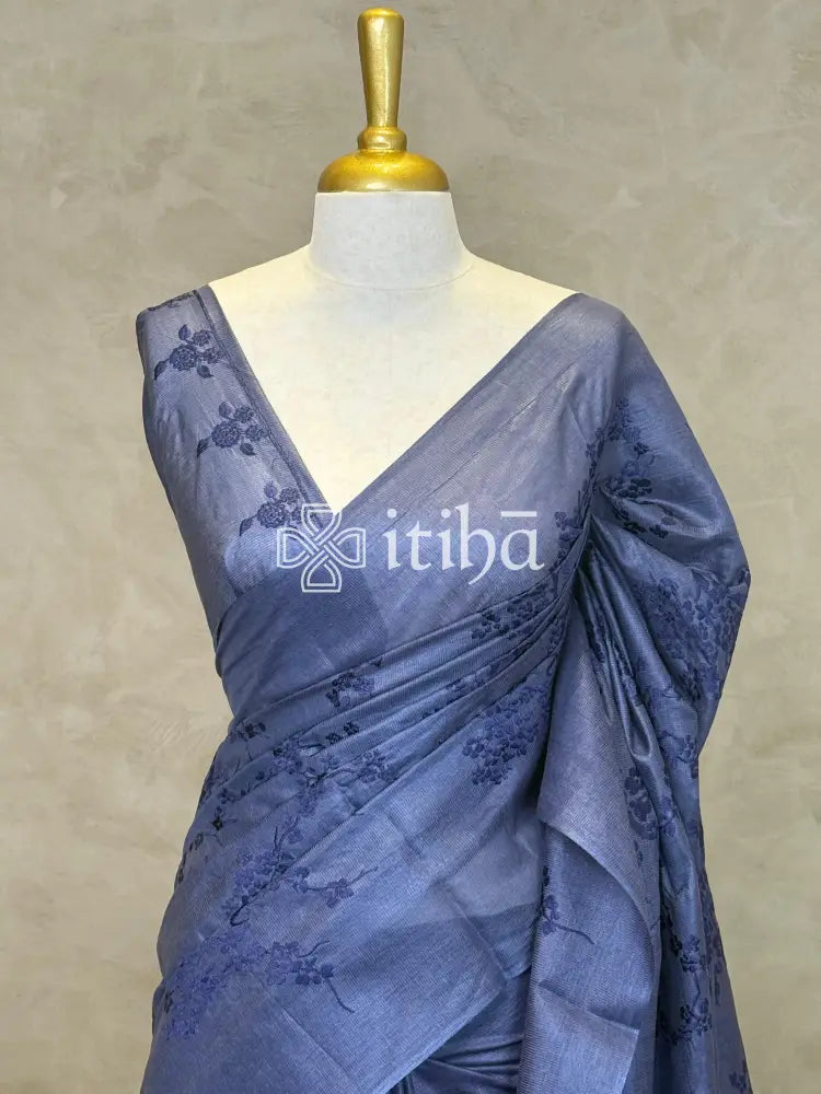 LINEN TUSSAR SILK EMBROIDERY SAREE - DARK BLUE