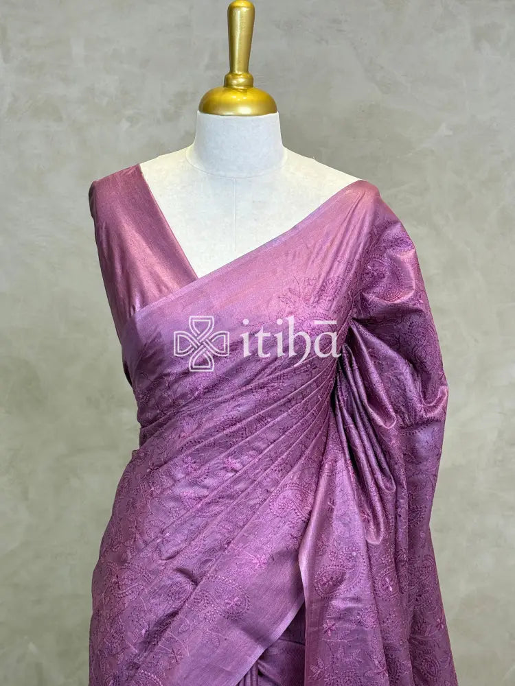 LINEN TUSSAR SILK EMBROIDERY SAREE - DUSTY PURPLE