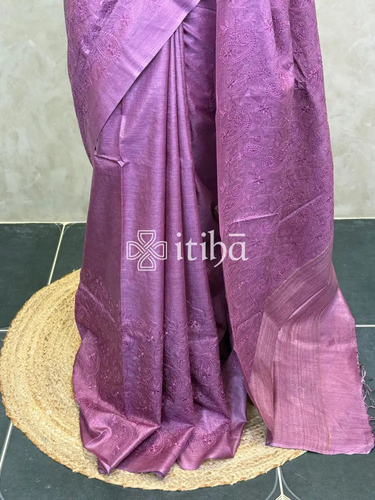 LINEN TUSSAR SILK EMBROIDERY SAREE - DUSTY PURPLE