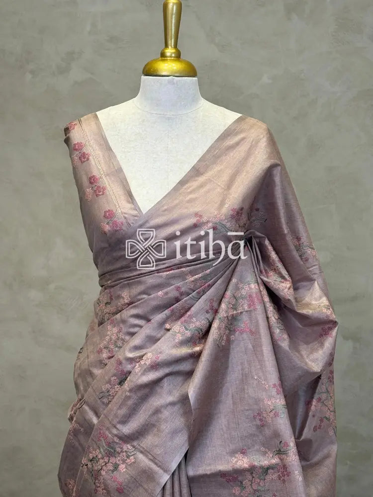 LINEN TUSSAR SILK EMBROIDERY SAREE