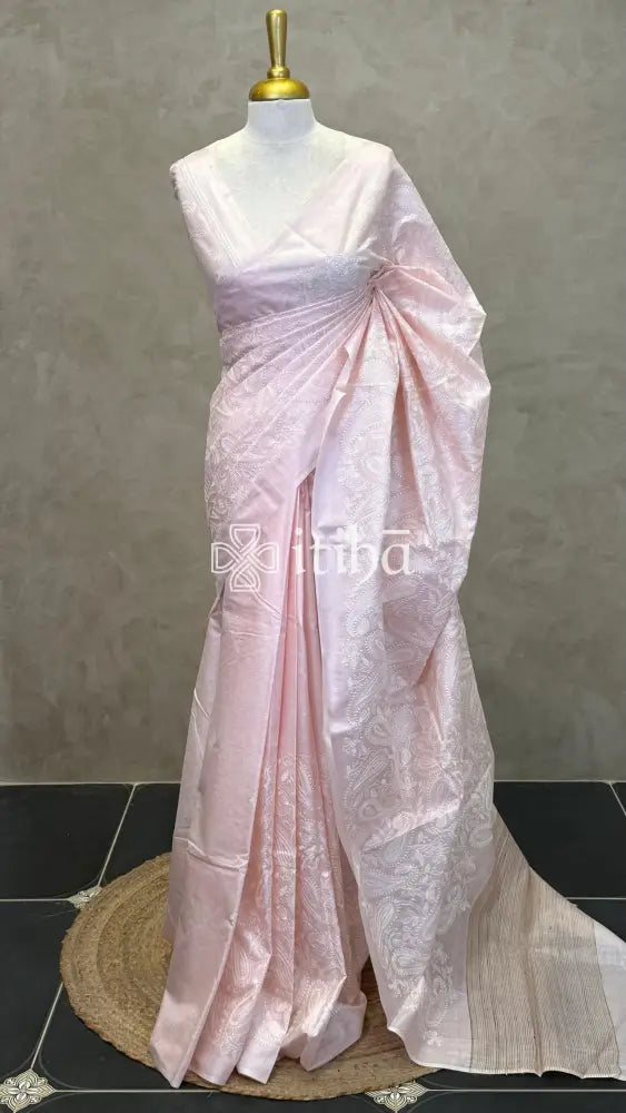 LINEN TUSSAR SILK EMBROIDERY SAREE - BABY PINK