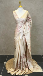 LINEN TUSSAR SILK EMBROIDERY SAREE - Beige