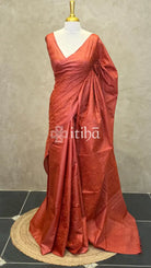 LINEN TUSSAR SILK EMBROIDERY SAREE - BRICK RED