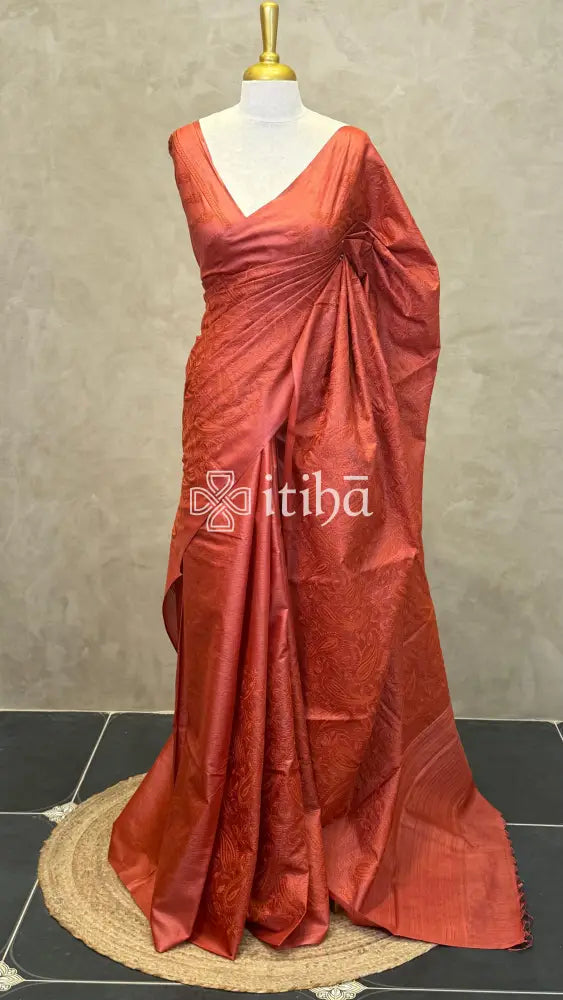 LINEN TUSSAR SILK EMBROIDERY SAREE - BRICK RED