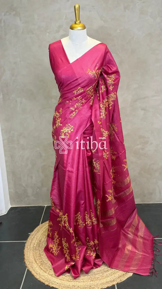 LINEN TUSSAR SILK EMBROIDERY SAREE - BRICK RED