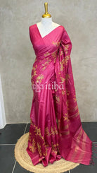 LINEN TUSSAR SILK EMBROIDERY SAREE - BRICK RED