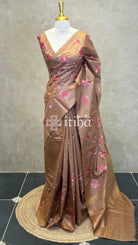 LINEN TUSSAR SILK EMBROIDERY SAREE - Brown