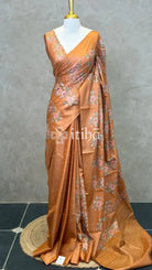 LINEN TUSSAR SILK EMBROIDERY SAREE - BURNT ORANGE