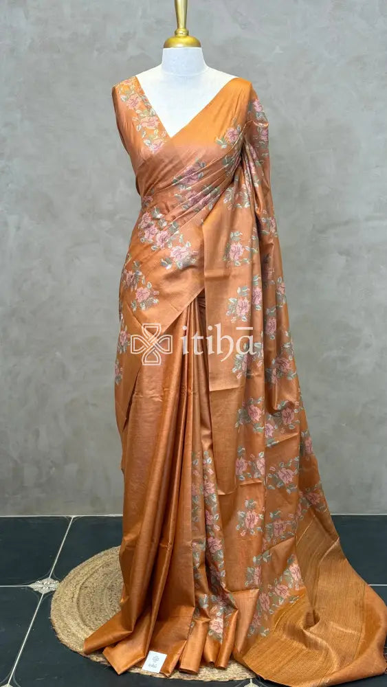 LINEN TUSSAR SILK EMBROIDERY SAREE - BURNT ORANGE