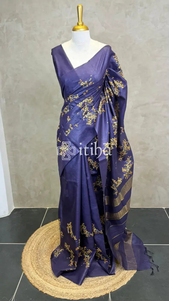 LINEN TUSSAR SILK EMBROIDERY SAREE - DARK BLUE