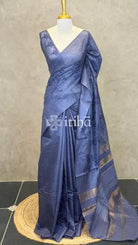 LINEN TUSSAR SILK EMBROIDERY SAREE - DARK BLUE