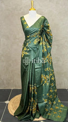 LINEN TUSSAR SILK EMBROIDERY SAREE - DARK OLIVE