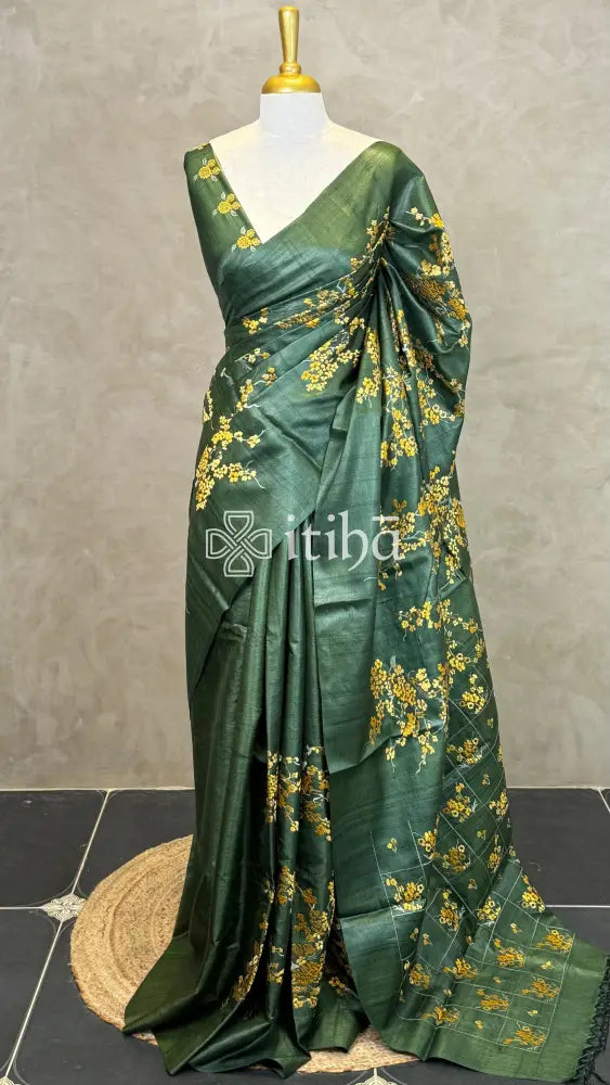 LINEN TUSSAR SILK EMBROIDERY SAREE - DARK OLIVE