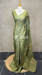 LINEN TUSSAR SILK EMBROIDERY SAREE - DARK OLIVE