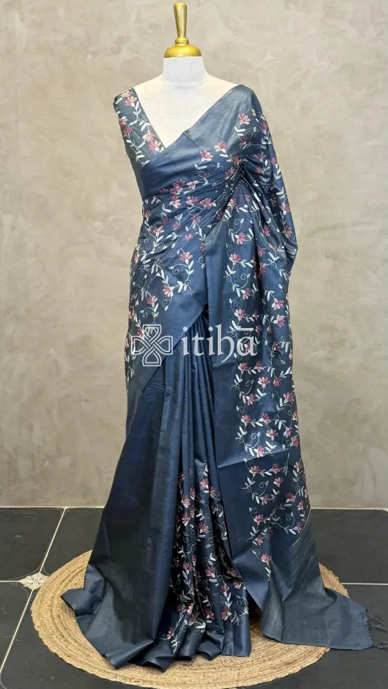 LINEN TUSSAR SILK EMBROIDERY SAREE - DEEP BLUE