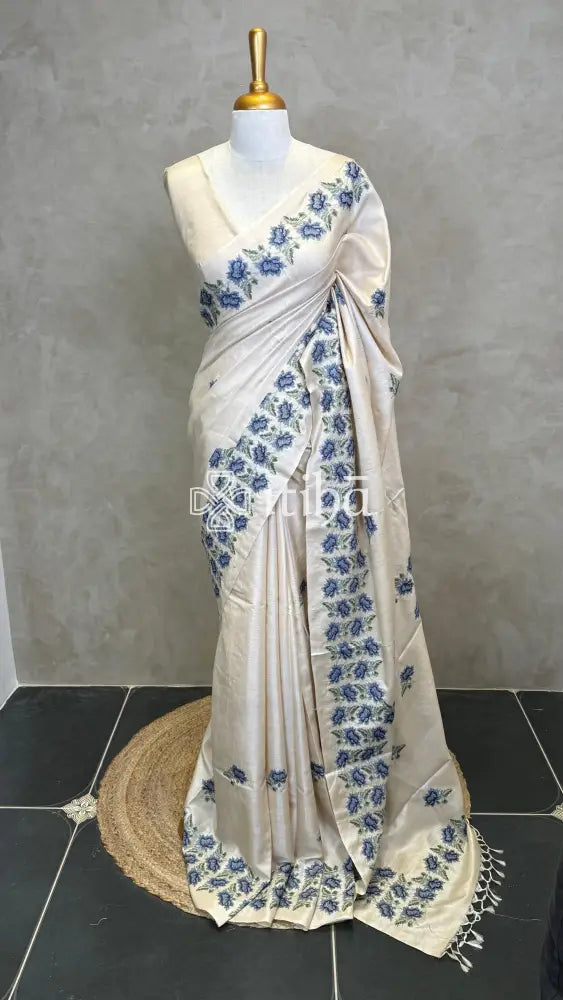 LINEN TUSSAR SILK EMBROIDERY SAREE - DEEP BLUE