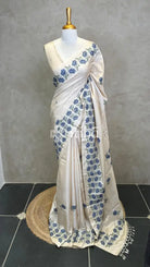 LINEN TUSSAR SILK EMBROIDERY SAREE - DEEP BLUE