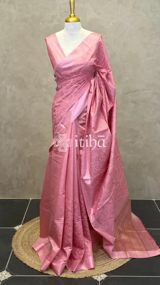 LINEN TUSSAR SILK EMBROIDERY SAREE - DUSTY BLUSH PINK