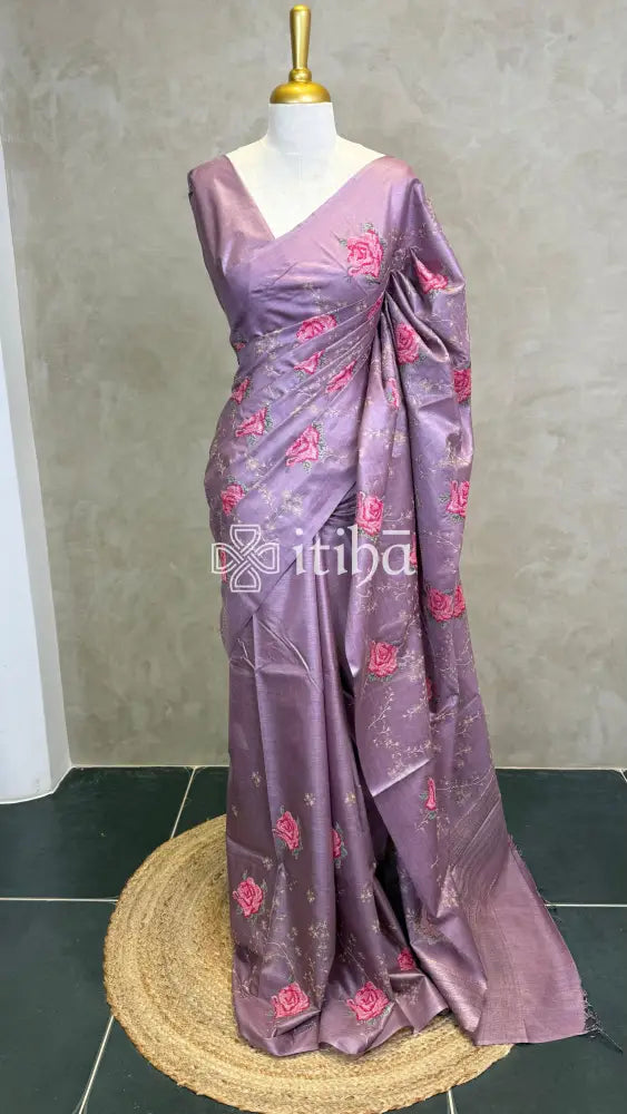 LINEN TUSSAR SILK EMBROIDERY SAREE - DUSTY PURPLE