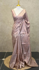 LINEN TUSSAR SILK EMBROIDERY SAREE - dusty rose