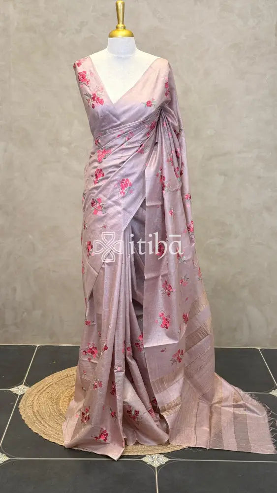 LINEN TUSSAR SILK EMBROIDERY SAREE - DUSTY ROSE PINK