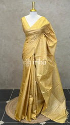 LINEN TUSSAR SILK EMBROIDERY SAREE - GOLDEN