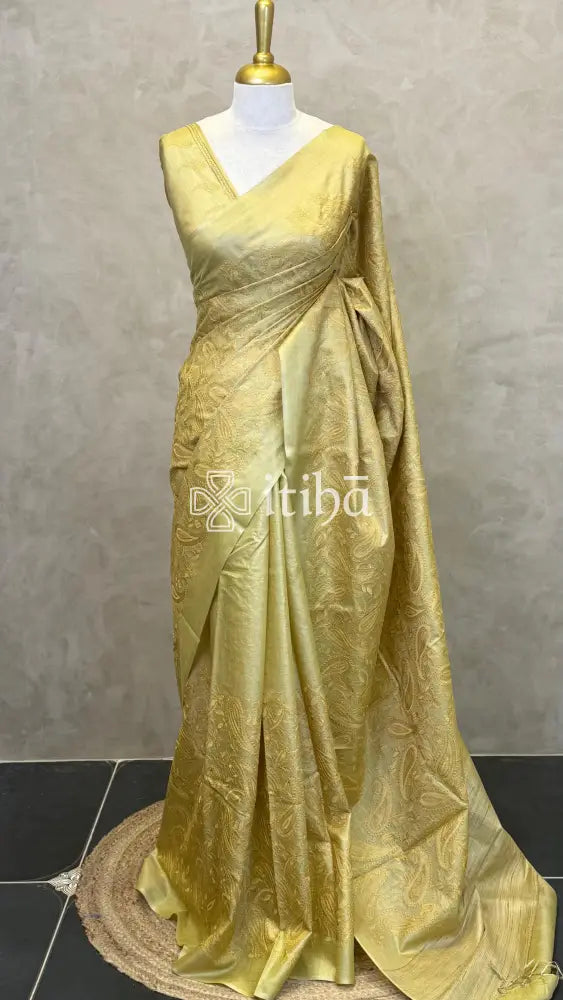 LINEN TUSSAR SILK EMBROIDERY SAREE - GOLDEN YELLOW