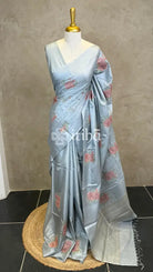 LINEN TUSSAR SILK EMBROIDERY SAREE - GREYISH BLUE