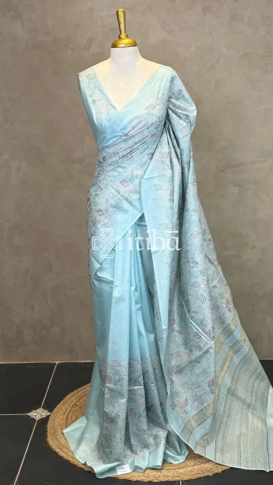 LINEN TUSSAR SILK EMBROIDERY SAREE - LIGHT BLUE