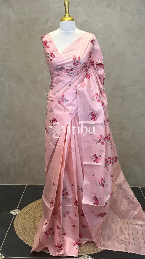LINEN TUSSAR SILK EMBROIDERY SAREE - LIGHT PINK