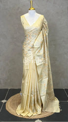 LINEN TUSSAR SILK EMBROIDERY SAREE - LIGHT YELLOW