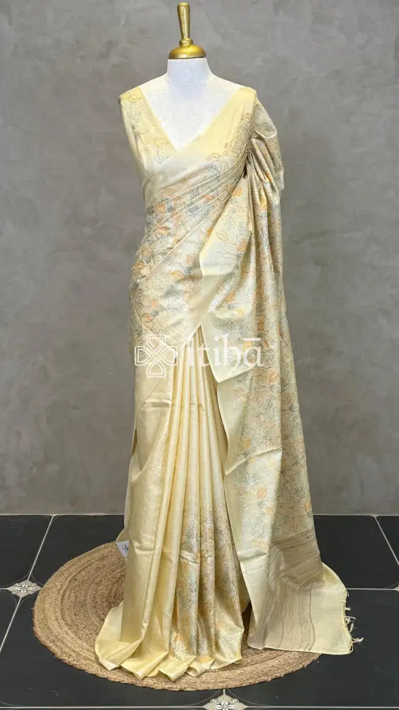 LINEN TUSSAR SILK EMBROIDERY SAREE - LIGHT YELLOW