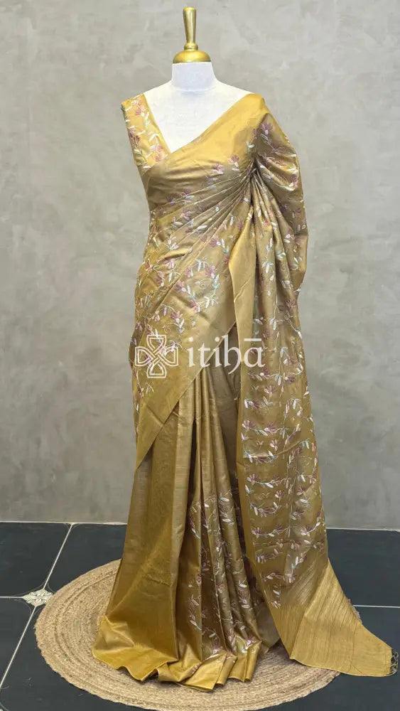 LINEN TUSSAR SILK EMBROIDERY SAREE - MUSTARD BROWN