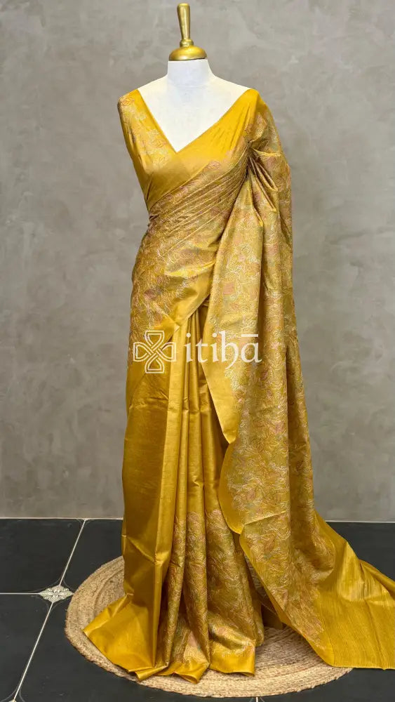 LINEN TUSSAR SILK EMBROIDERY SAREE - MUSTARD GOLD