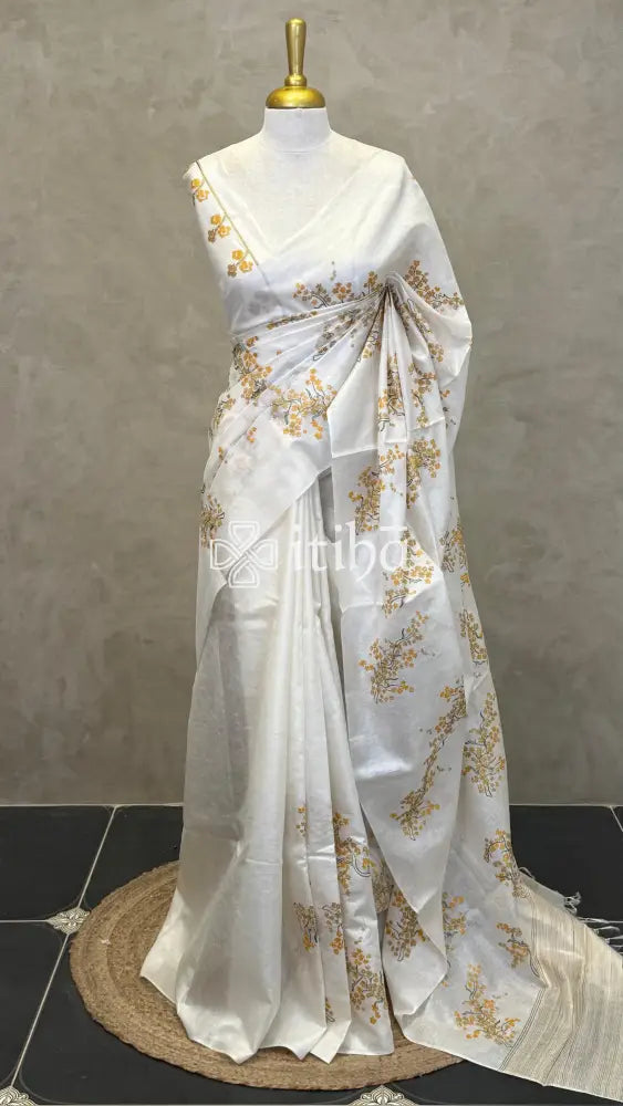 LINEN TUSSAR SILK EMBROIDERY SAREE - mustard yellow