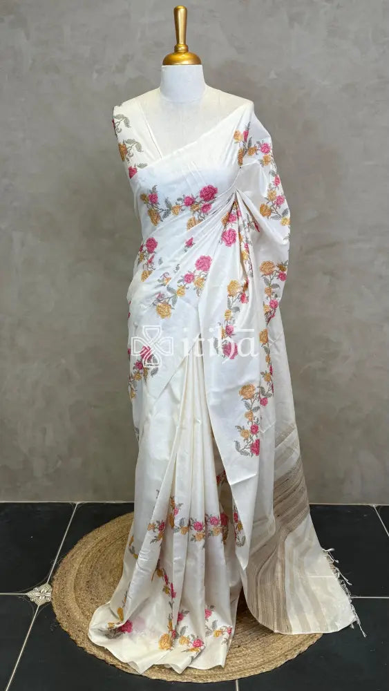 LINEN TUSSAR SILK EMBROIDERY SAREE - mustard yellow