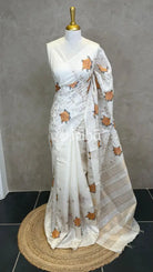 LINEN TUSSAR SILK EMBROIDERY SAREE - OFF WHITE