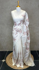 LINEN TUSSAR SILK EMBROIDERY SAREE - OFF WHITE