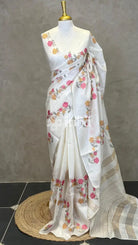 LINEN TUSSAR SILK EMBROIDERY SAREE - OFF WHITE