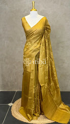 LINEN TUSSAR SILK EMBROIDERY SAREE - OLIVE GOLD